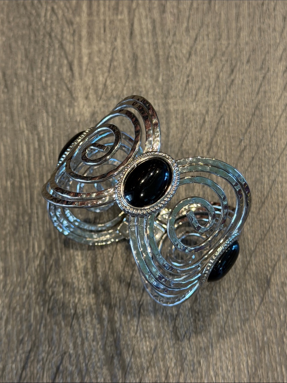 Silver-Tone Swirl Hinge Cuff Bracelet with Black Stone